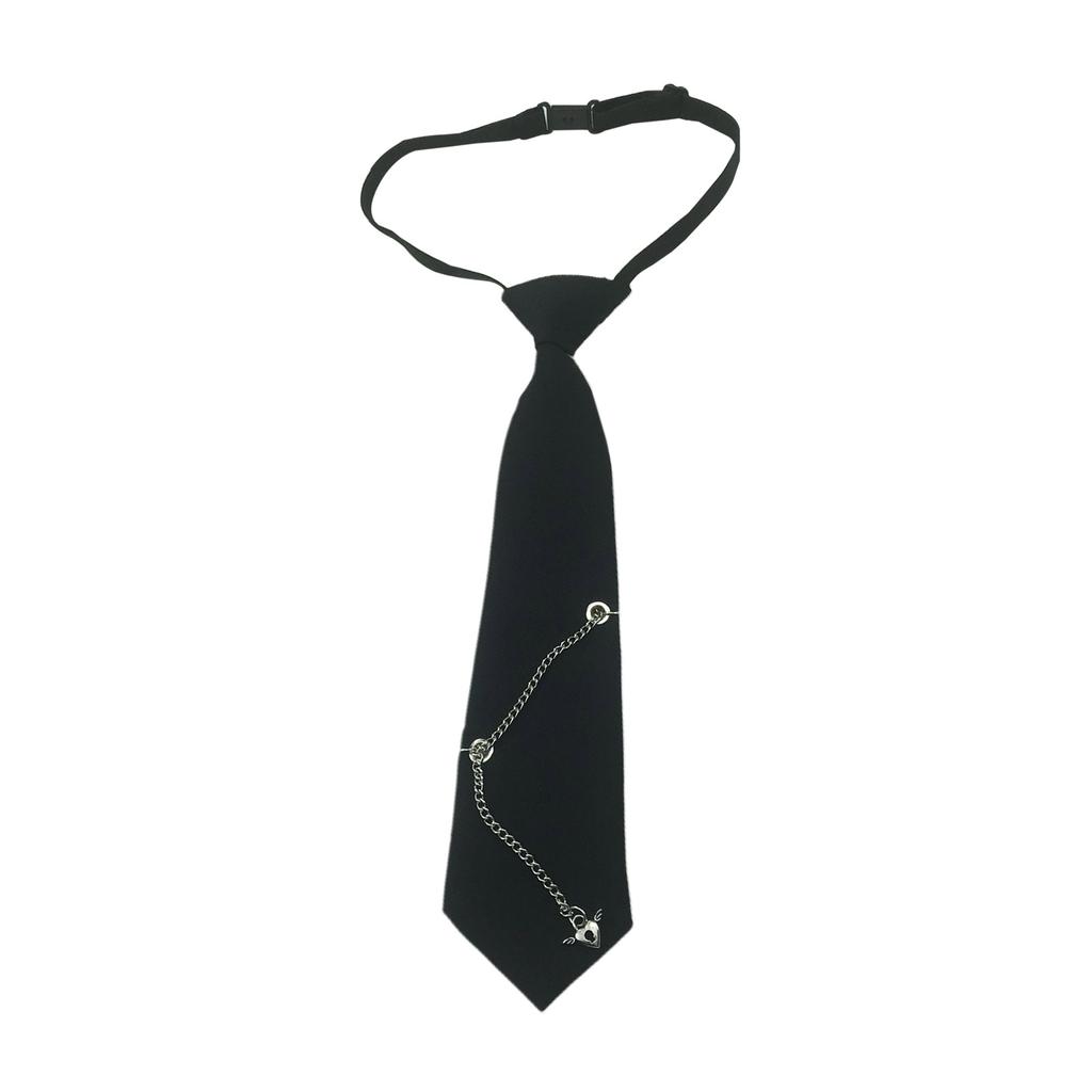 Japanese Gothic Black Neck Tie with Metal Chain Tassel School Student Pre-Tied Adjustable Necktie for Uniforms
