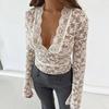 Hirigin Elegant Lace Sheer T-shirt Sexy V Neck Flared Long Sleeve Slim Fit Tees Fairy Coquette Y2K Women Vintage Crop Top Clothe