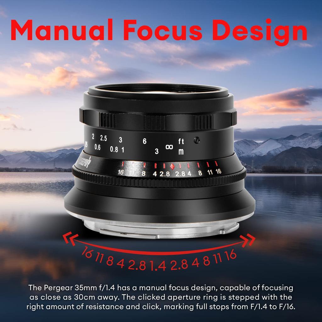 PERGEAR 35mm Manual Focus Prime Ideal for Still and Travel Photography F1.4 Full-Frame Lens, Lens, Life, Close-Up, Street, (L-Mount, Black)