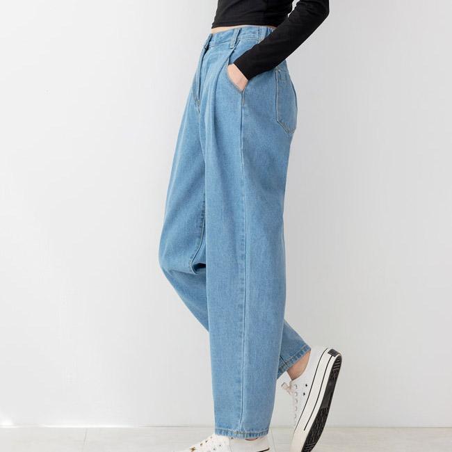 Blugi pentru femei baggy fit talie elastica pantaloni denim albastru deschis tinute data Korea moda