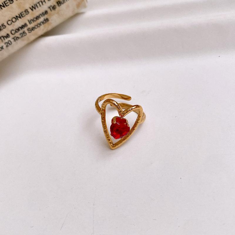 Red Zircon Smooth Heart-Shaped Open Ring Simple  Finger Rings Jewelry For Women