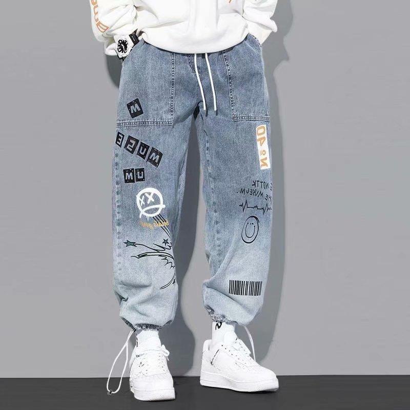 Men's Lettered Print Jeans Loose Cartoon Graffiti Leggings Drawstring Pants Men Jeans