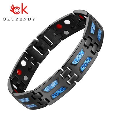 Erkekler için Manyetik Terapi Bilezikleri Benzersiz Mavi Karbon Fiber Titanyum Çelik Malzemeler Erkekler için Manyetik Bilezik Siyah 4 Eleman Mıknatıslı