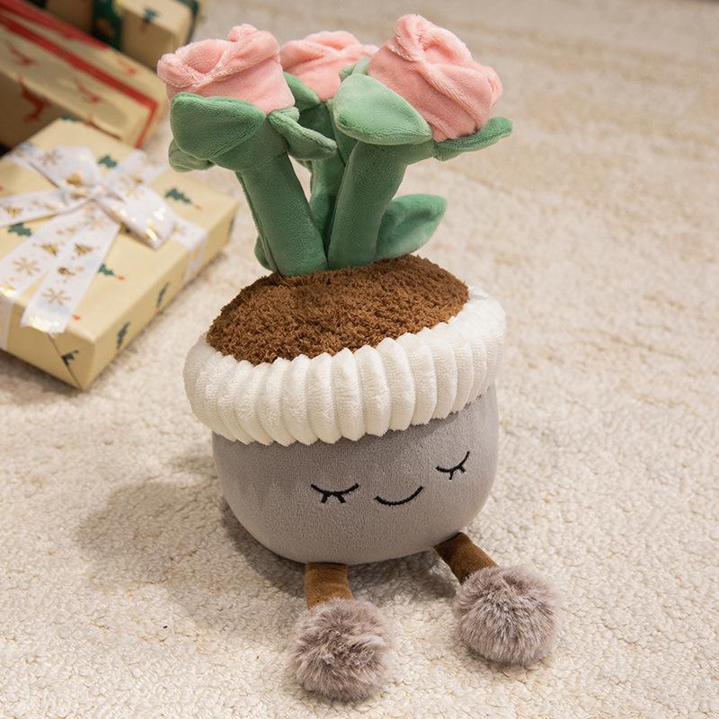 Simulation rose flower pot doll plush toy flower doll home living room ornament decorative ragdoll doll