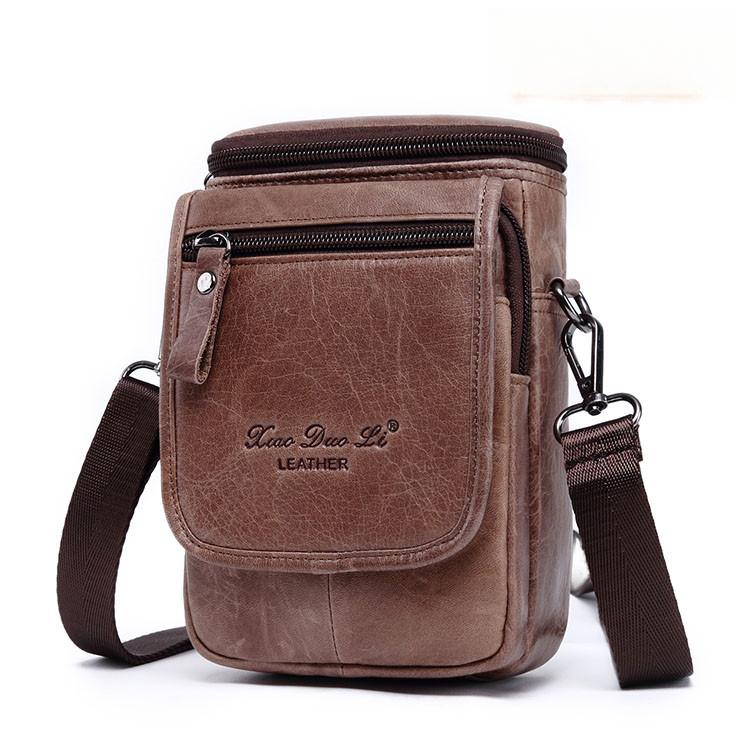 Men's Mobile Phone Bag Small Bag Mini Crossbody Bag Leather Mobile Phone Waist Bag with Belt Retro Cowhide 7-inch Bag