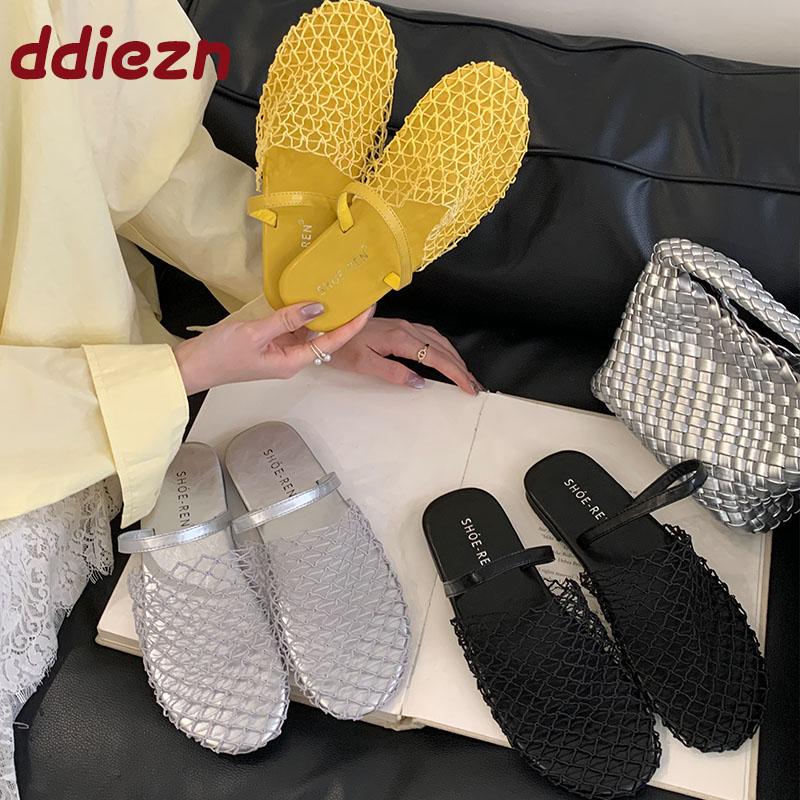 Módní letní plážové nazouváky pantofle sandály boty pro ženy mulky dámské kulatá špička módní síťovina prodyšné dámské ploché pantofle boty