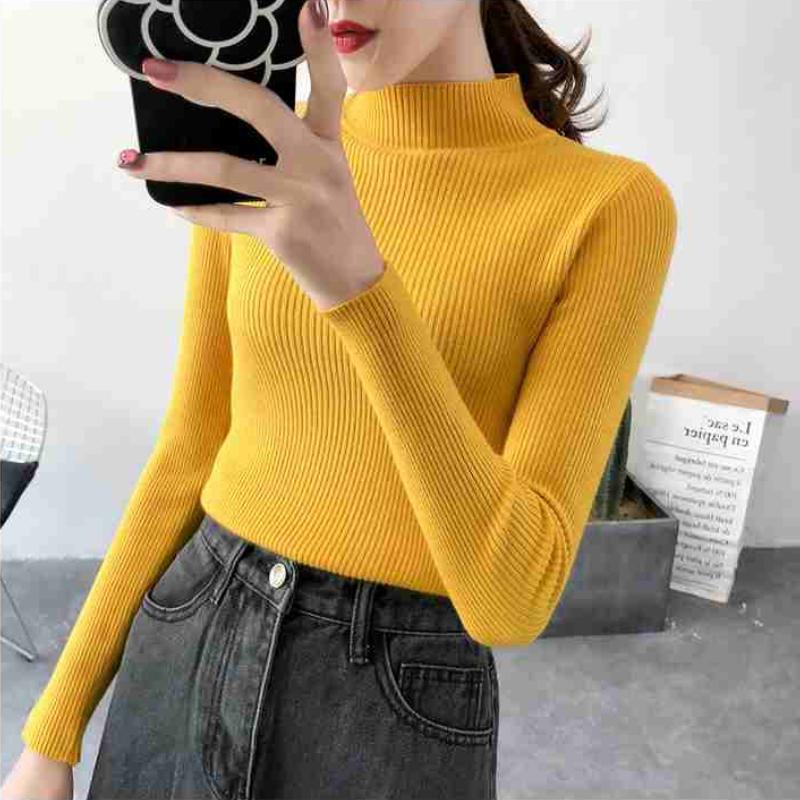 Autumn Half High Collar Pullover Sweater for Women Slim Fit Long Sleeve Base Women Knit Sweaters Elegant Solid Fashion Winter Knitwears Jumpers 25274