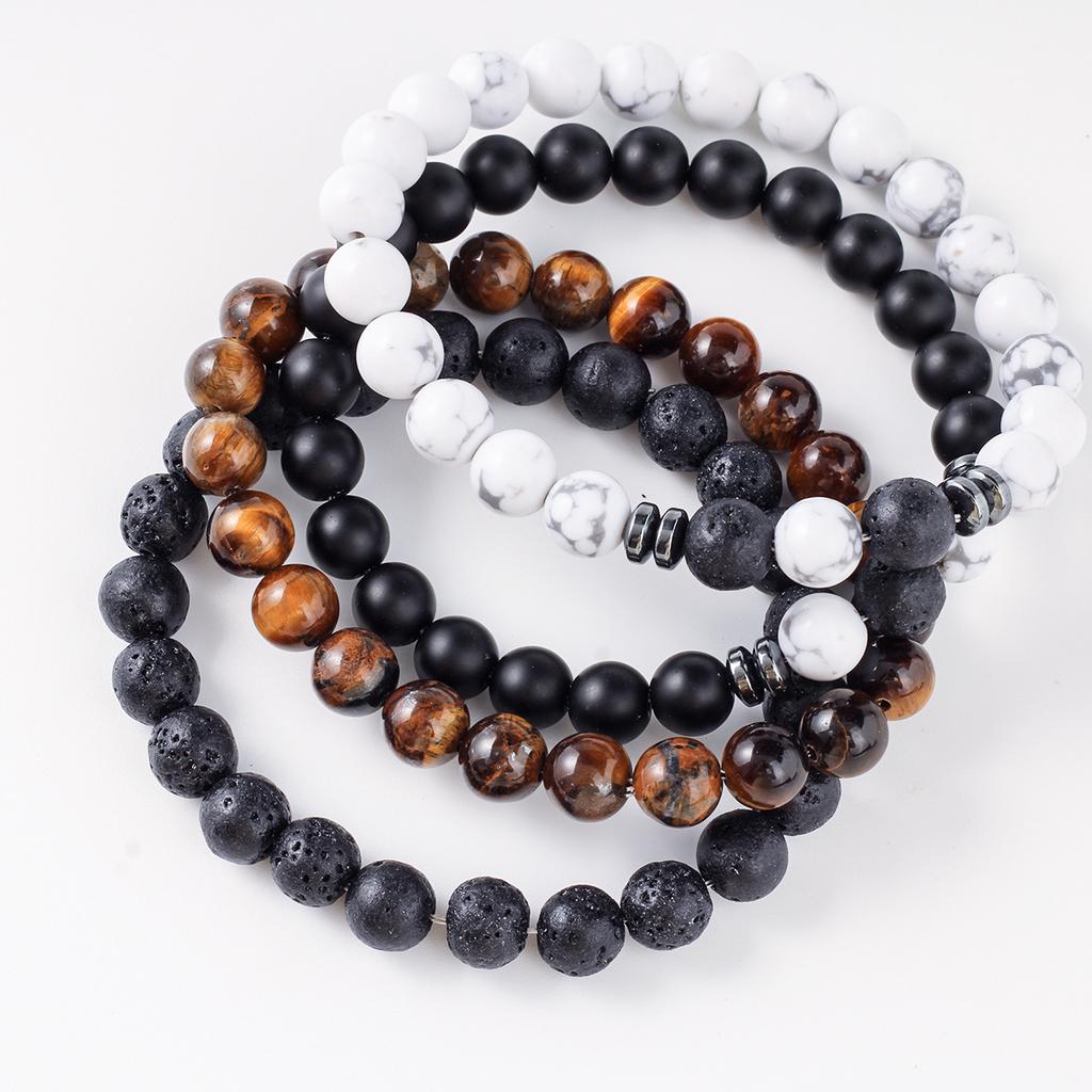 Festive Gifts Lava Rock Tiger Eye And Howlite Beaded Bracelet Set Natural Stone Fashion Jewelry For Men Women Daily Wear Simple Versatile Accessory