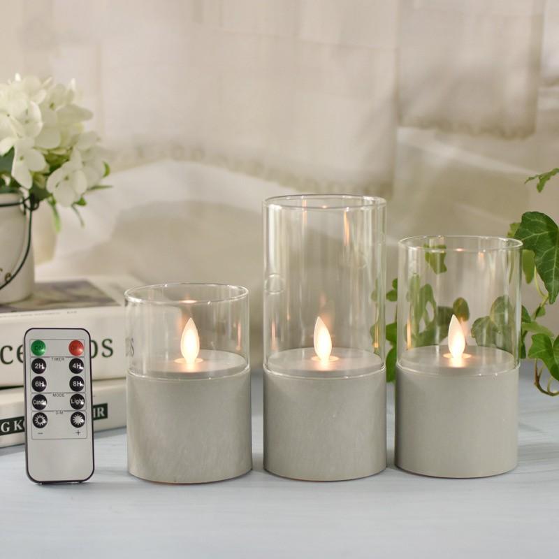 

Glass Flameless Candles Battery Operated Flickering LED Pillar Candle Marbling Fake wax with Timer for Home