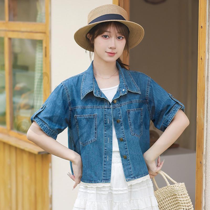 Korean Style Lace-Trim Denim Short-Sleeved Women s Casual Jacket S