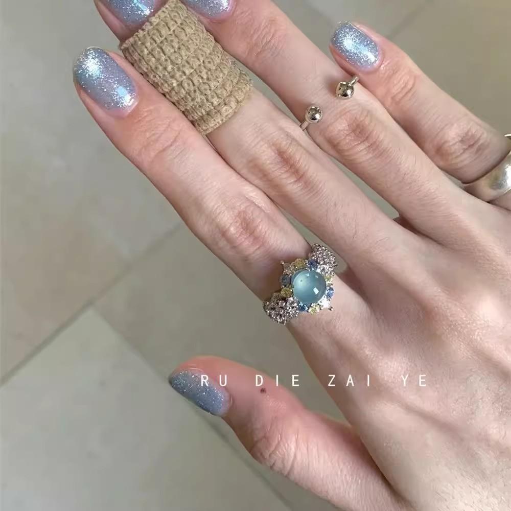 

Midsummer cool ice mint zircon ring light luxury cold high sense hollow open ring Adjustable opening