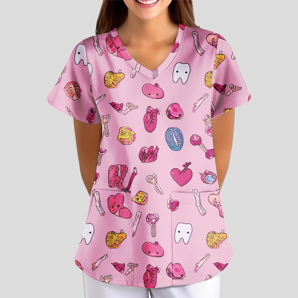 Women's Floral Print Loose V-neck Short-sleeved Uniform/ Uniform