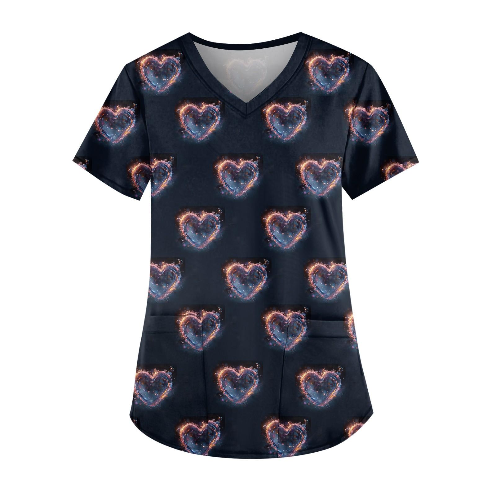 

Женская симпатичная рабочая одежда с принтом, V-образным вырезом, двухслойными карманами, базовым коротким рукавом, пуловером на Рождество XXXL чёрный