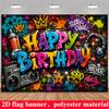 90er Hip Hop Geburtstag Hintergrund Banner, Graffiti Boombox Kopfhörer Krone Farbspritzer Foto Hintergrund, Polyester Wanddekoration