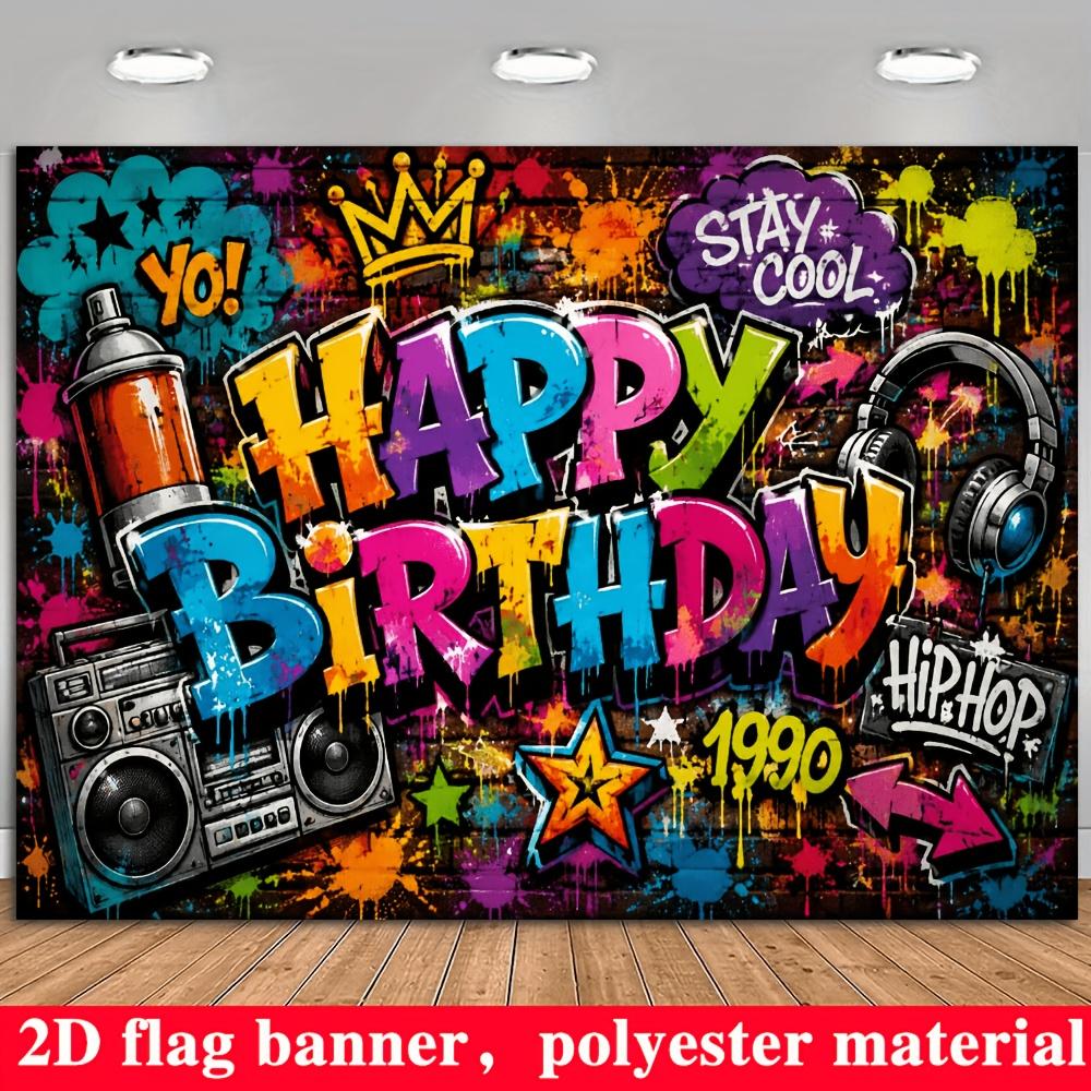 90s Hip Hop Birthday Backdrop Banner, Graffiti Boombox Headphones Crown Color Splash Photo Background, Polyester Wall Decor
