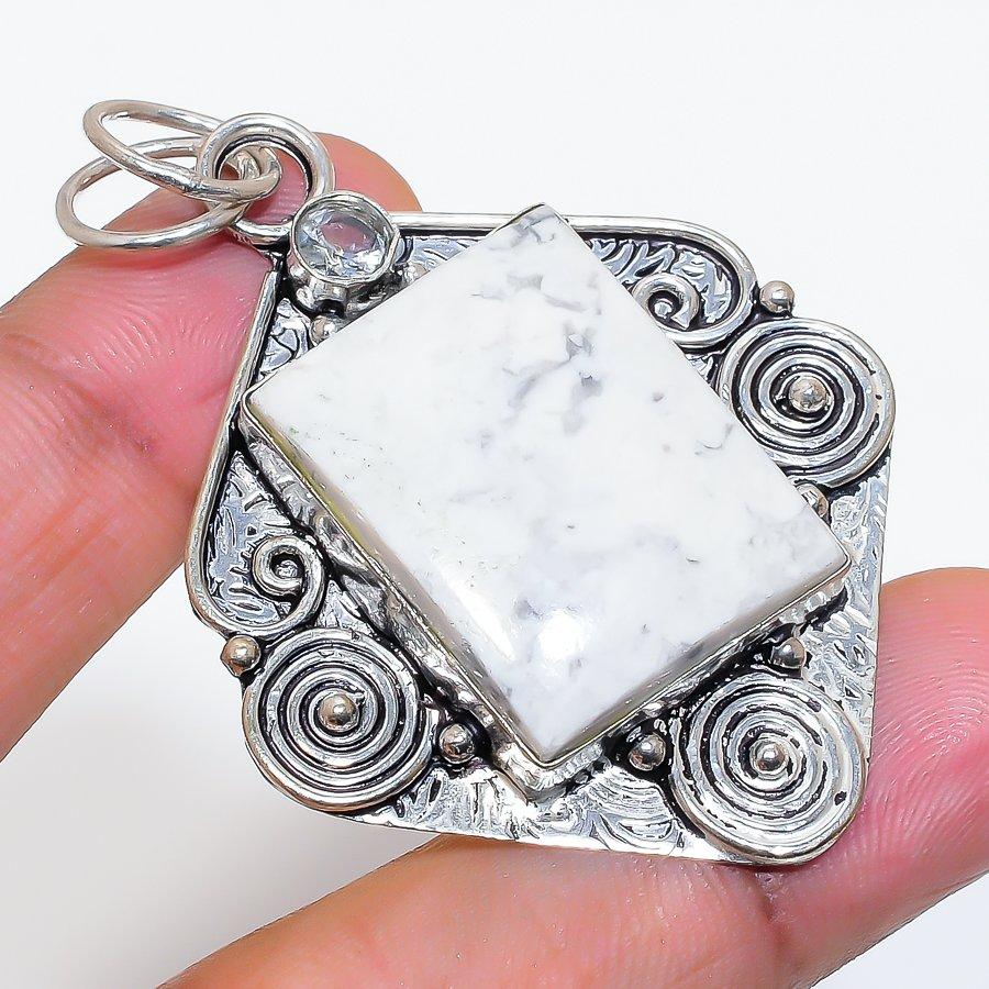 Natural Howlite Jasper, Topaz 925 Sterling Silver Jewelry Pendant 2.36" ZS-81