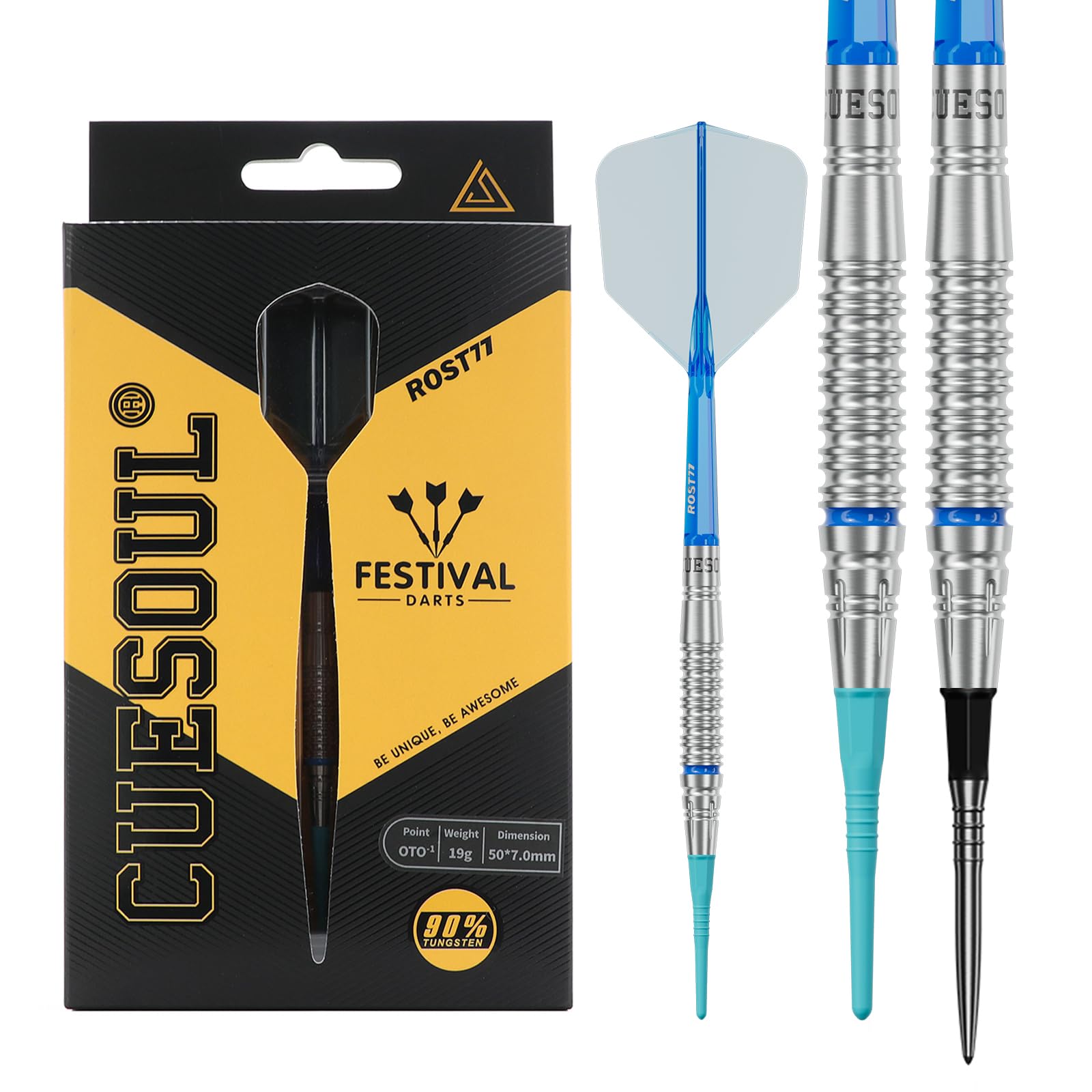 

CUESOUL FESTIVAL series 90% tungsten darts set OTO small thread tip barrel 19g blue soft tip CSDP-BS116-M1
