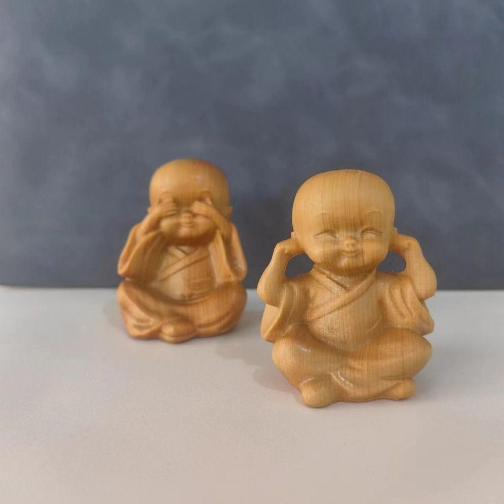 Decorative Monks Statue Hand-held Wood Carved Ornaments Antique Little Monks Sculptures  Desktop