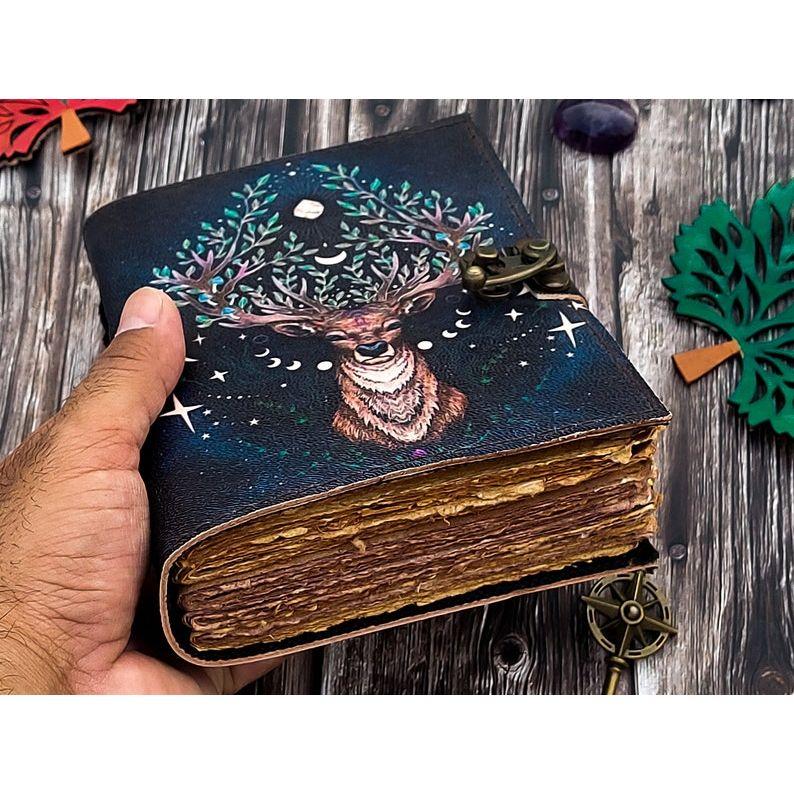 Leather Journal Deer Moon Journal For Men Women with Loc Antique Hademade Decle Edge Pepar Traveling Sketchbook Black Notebook