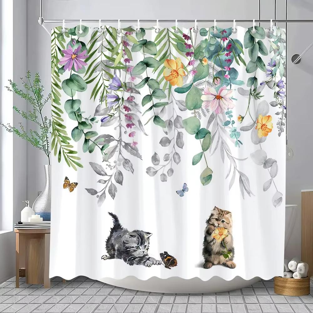 Cartoon Cat Shower Curtain, Bathroom Decorative Flowers Shower Curtains, Home Printed Polyester Fabric Curtain with Hooks