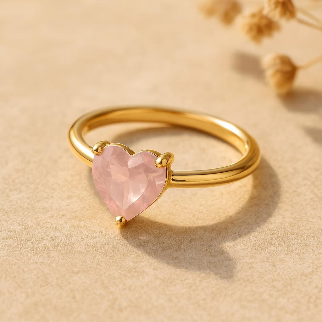 Heart Rose Quartz Gold Plated Ring for Women – Romantic Love Jewelry