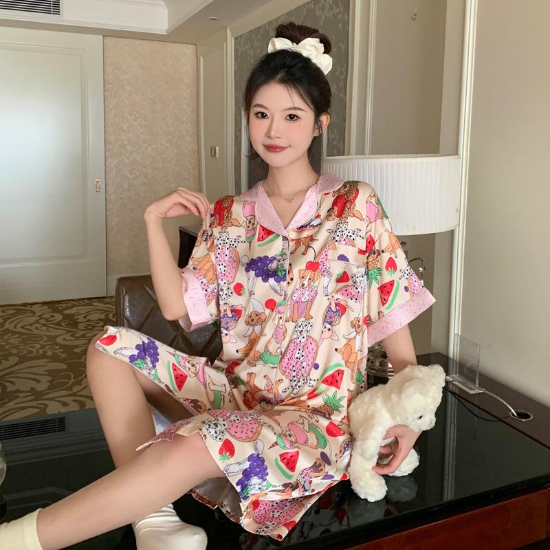 Style Pet Fruit Party Summer Ice Silk Short-Sleeved Shirt Medium And Long Loungewear Nightdress Women