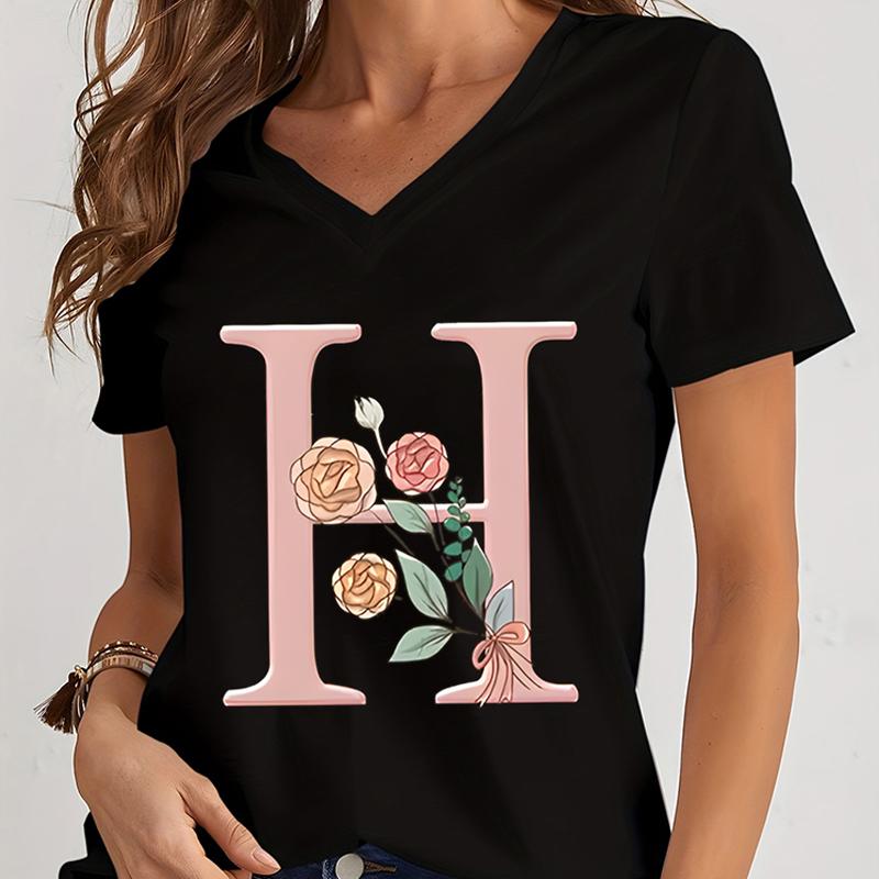Cartoon Alphabet Flower Graphic Tee Womens Clothing Pink Flower Alphabet Gift Tshirt FeUnisex Vintage 26 Initials Flower Tshirt