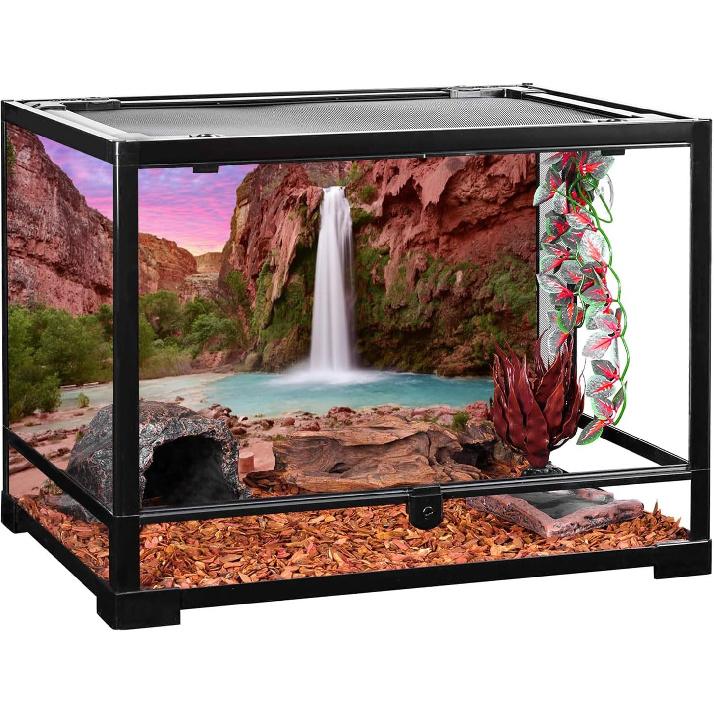 AWERT 36x18 tum Reptilhabitat Bakgrund Solnedgång Berg Vattenfall Terrarium Bakgrund Polyester Bakgrund