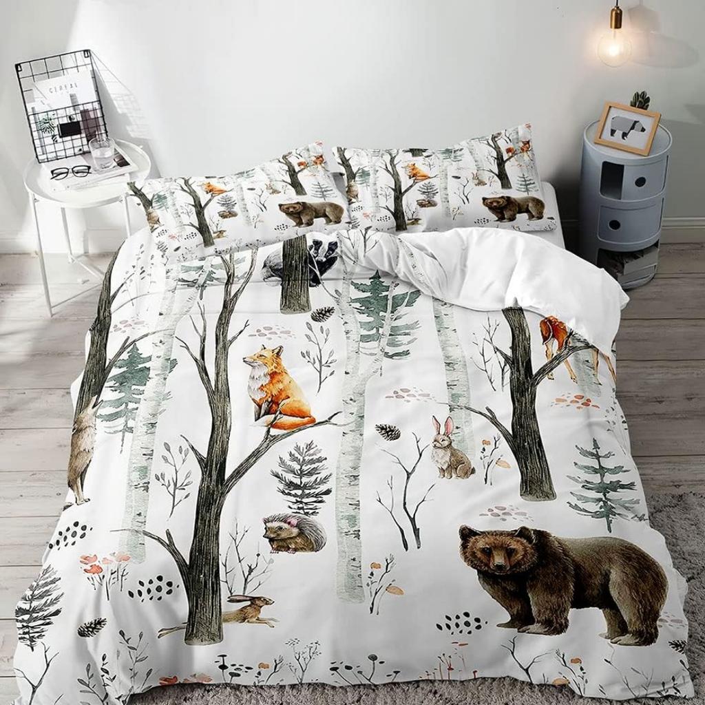 Cartoon Forest Animals Duvet Cover Queen King Size Double Bed Children Boy Bedding Bear Deer Fox Rabbit Country Cottage 3 Pcs