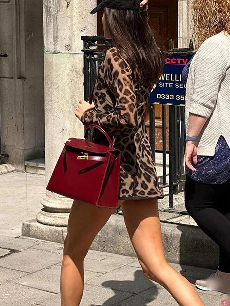 New Sexy Leopard Print One Piece Dress Women Casual Simple Round Neck Vintage Slim Clothing Female Fashion Design High Street Mini Dresses