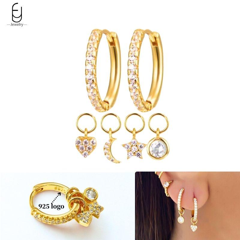 925 Silver Ear Needle White Crystal Gold Earrings for Women Luxury Water drop/Heart/Flower Pendant Earring Fine Jewelry