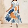 Women Plus Size Round Neck Short Sleeve White Abstract Printed Cutout Waist A Line Long Dress