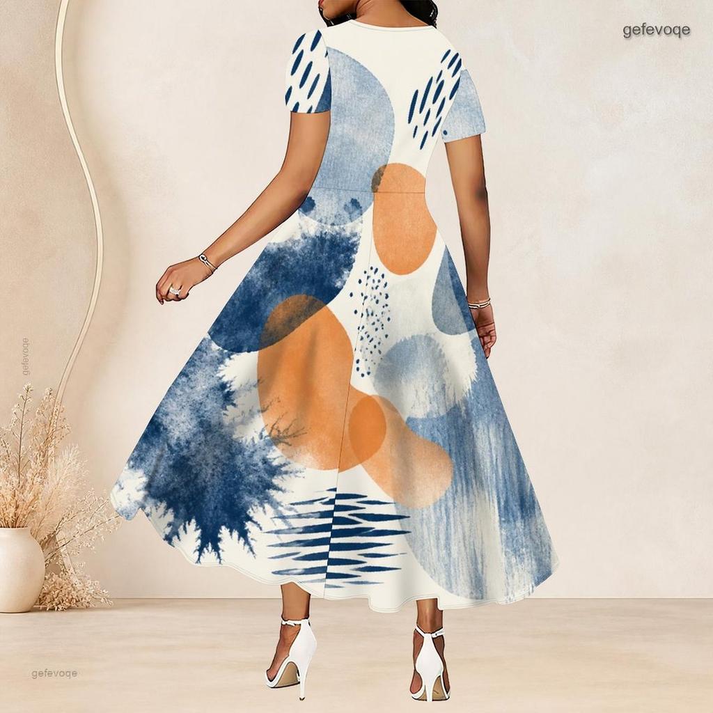Women Plus Size Round Neck Short Sleeve White Abstract Printed Cutout Waist A Line Long Dress