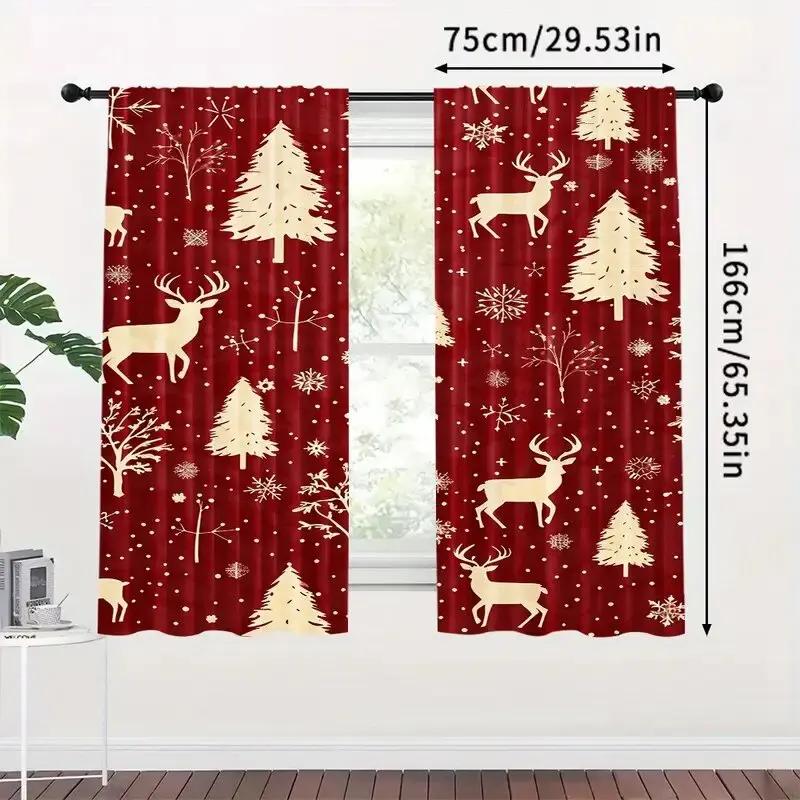 Set med 2 Röda Snöflinga Ren Tallmönster Tryckta Gardiner Juldekoration Hemrum Gardiner Tillverkade av Polyester