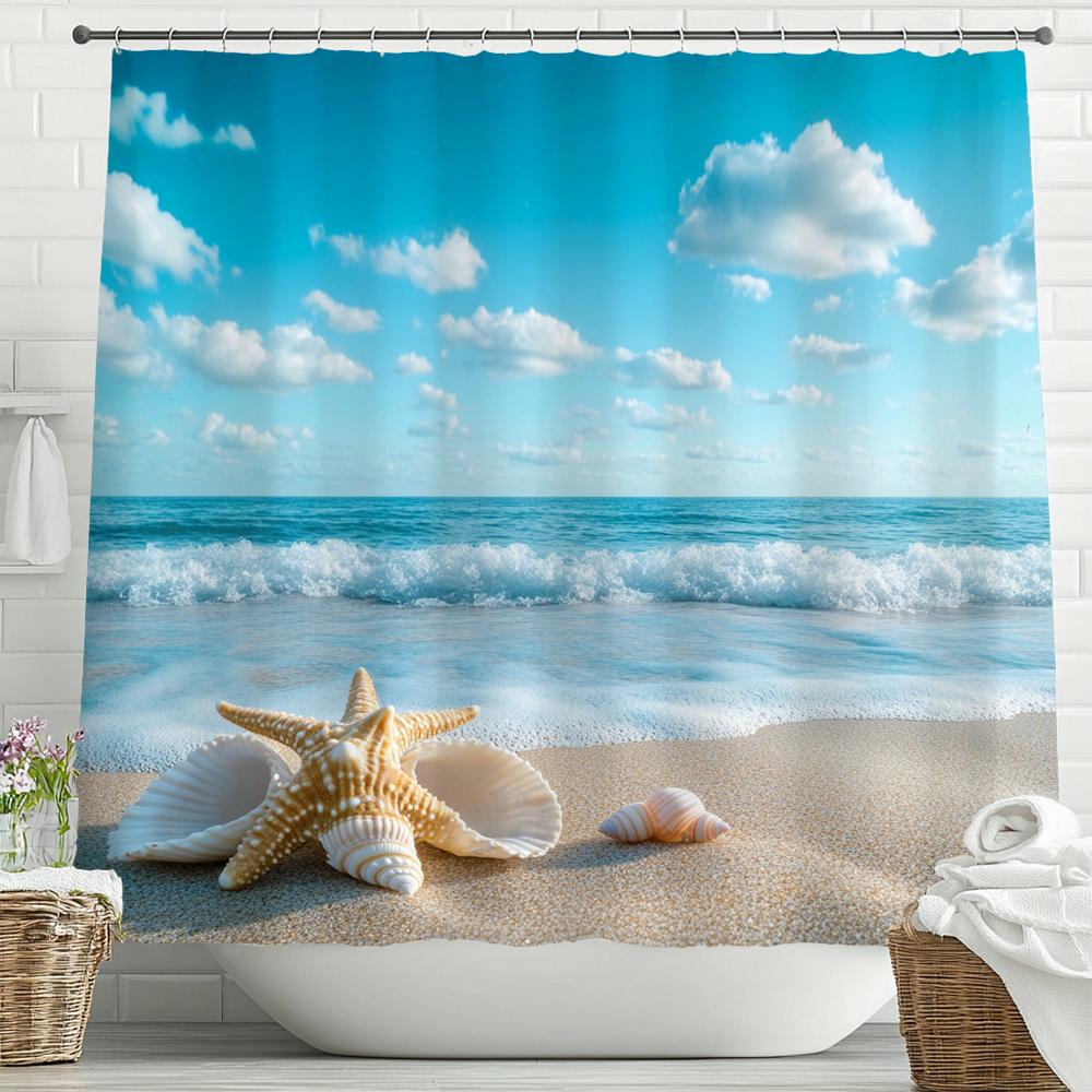 

Blue Sea And Beach Shell Starfish Scenery Shower Curtain, Bathroom Decorative Shower Curtain, Printing Shower Curtain With Hooks W60H190(CM)-1 Pcs