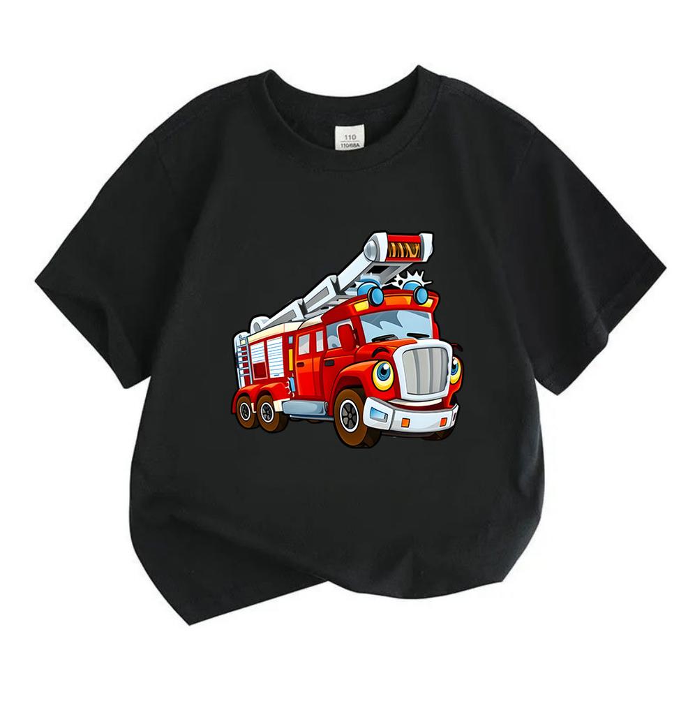 Kids Boys Girls Crew Neck Short Sleeve T-Shirt, 100% Cotton Casual Cute Cartoon Fire Truck Printed Soft Breathable Tee Top for Children Daily Wear