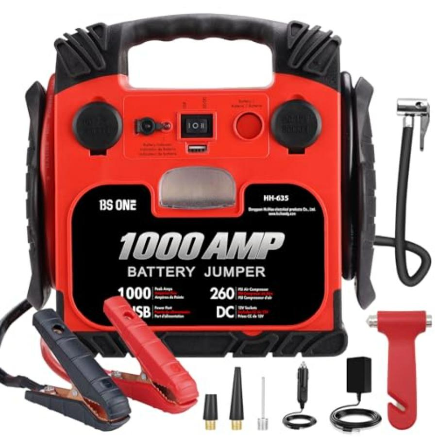 1000 Amp Peak Current Car Jump Starter 12V Lead Acid Battery Jump Box with 260PSI Air Compressor Red Jump Starter Battery Pack as pic