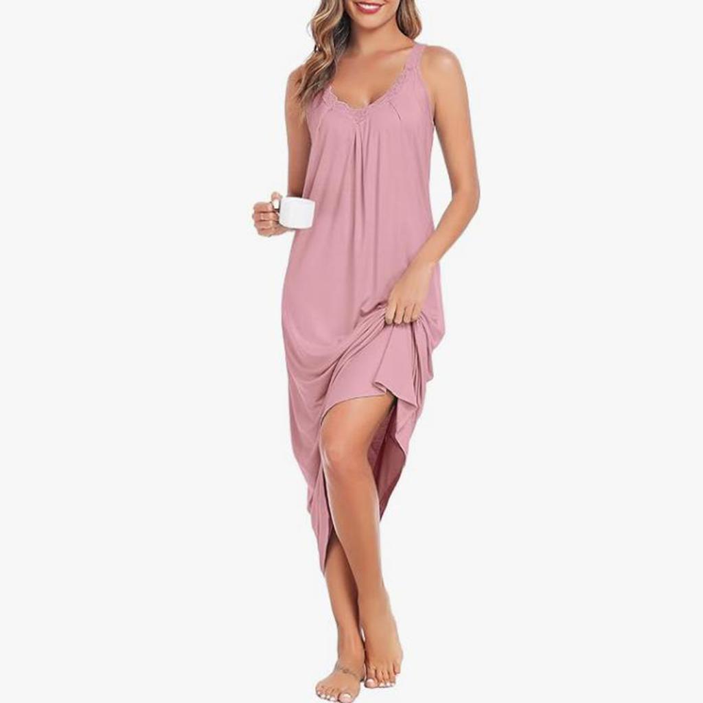 Women's Soft Long Elegant Lace V-Neck Home Clothes Sexy Loose Sleeveless Casual Dress