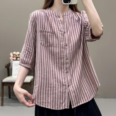 Commuting Striped Cotton Yarn Shirt Women's Summer Artistic Casual Versatile Five Quarter Sleeve V-neck Slimming Top Blouses & Shirts
