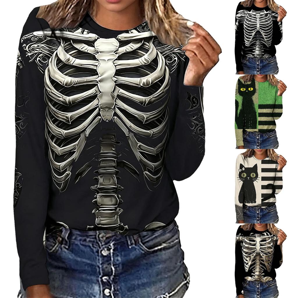 Women's Halloween Long Sleeve Neck Printed Top for Casual Fall Wear