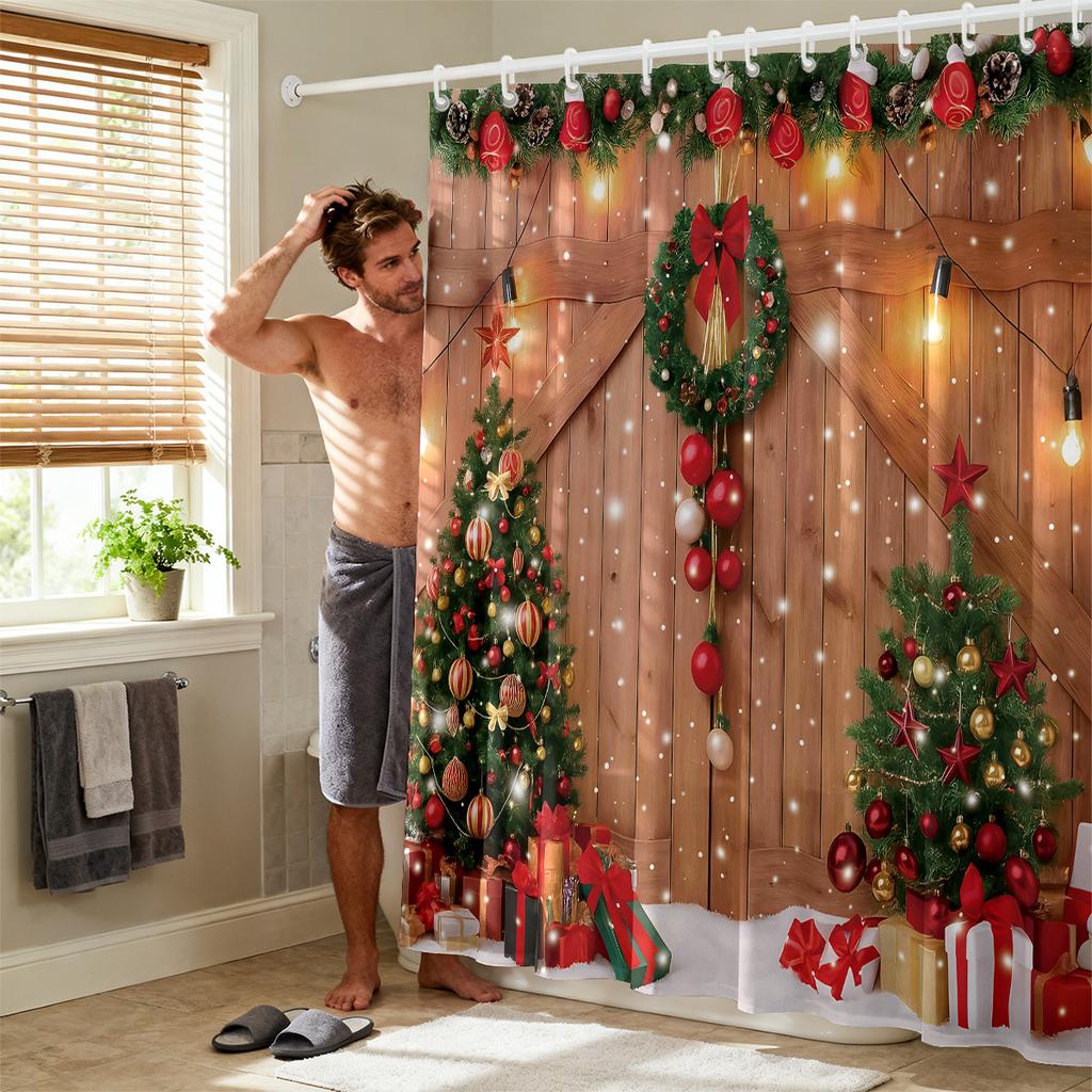 1 szt. Wodoodporna zasłona prysznicowa z nadrukiem wieńca choinkowego, przegroda, zasłona do zawieszenia zapewniająca prywatność, 12 haczyków, wiele rozmiarów