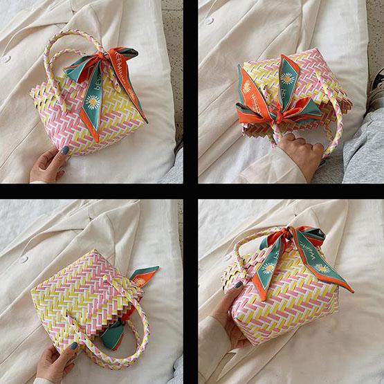 Handgewebte Gemüsekorbtasche für Damen aus umweltfreundlichem Material, Strohtasche, bunte kleine Einkaufshandtasche für Damen