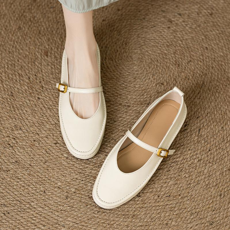 Fashion 2024 New Spring Women Flats Round Toe Low Heel Genuine Leather Women Shoes Buckle Strap Mary Janes Concise Ladies Shoes