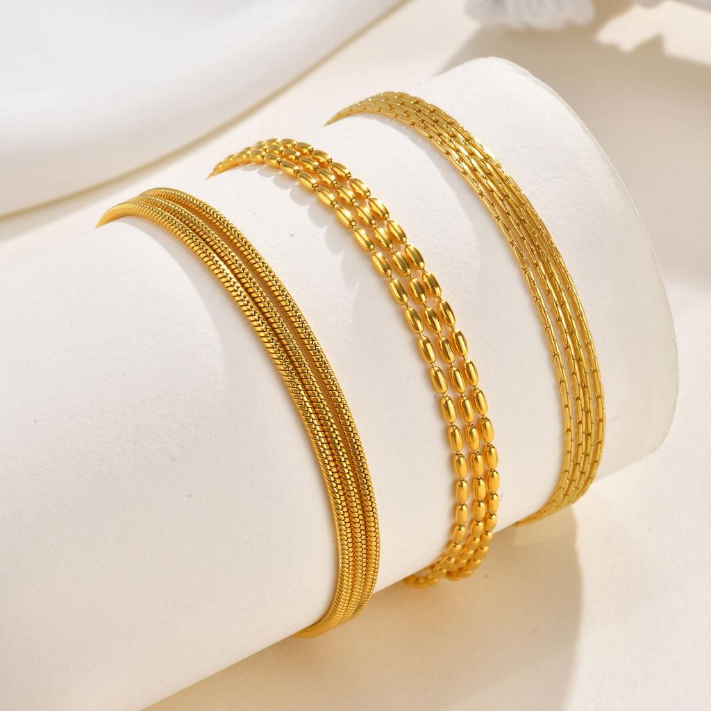 Dainty Gold Plated Bracelets for Women, Waterproof Triple Link Stainless Steel Beads Snake Chain Writs Bracelet Adjustable