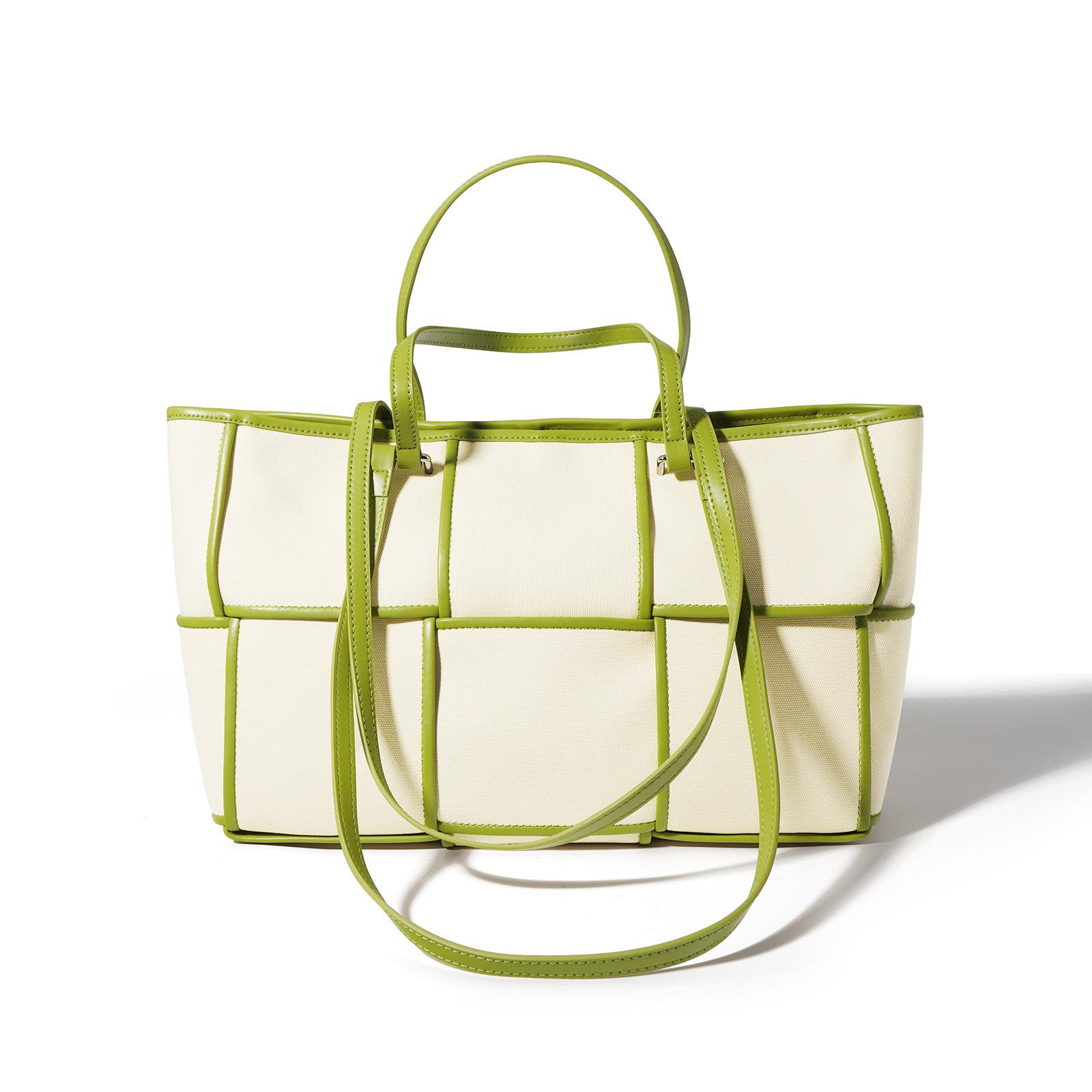 

[] Simple woven bag large-capacity commuter tote bag cowhide canvas shoulder portable large bag