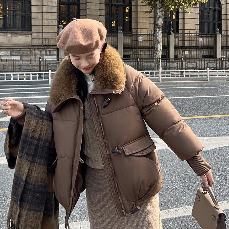 Jaqueta Curta de Algodão Acolchoado Feminina Inverno Gola Grande de Pele Solta Lapela Jaqueta Pão