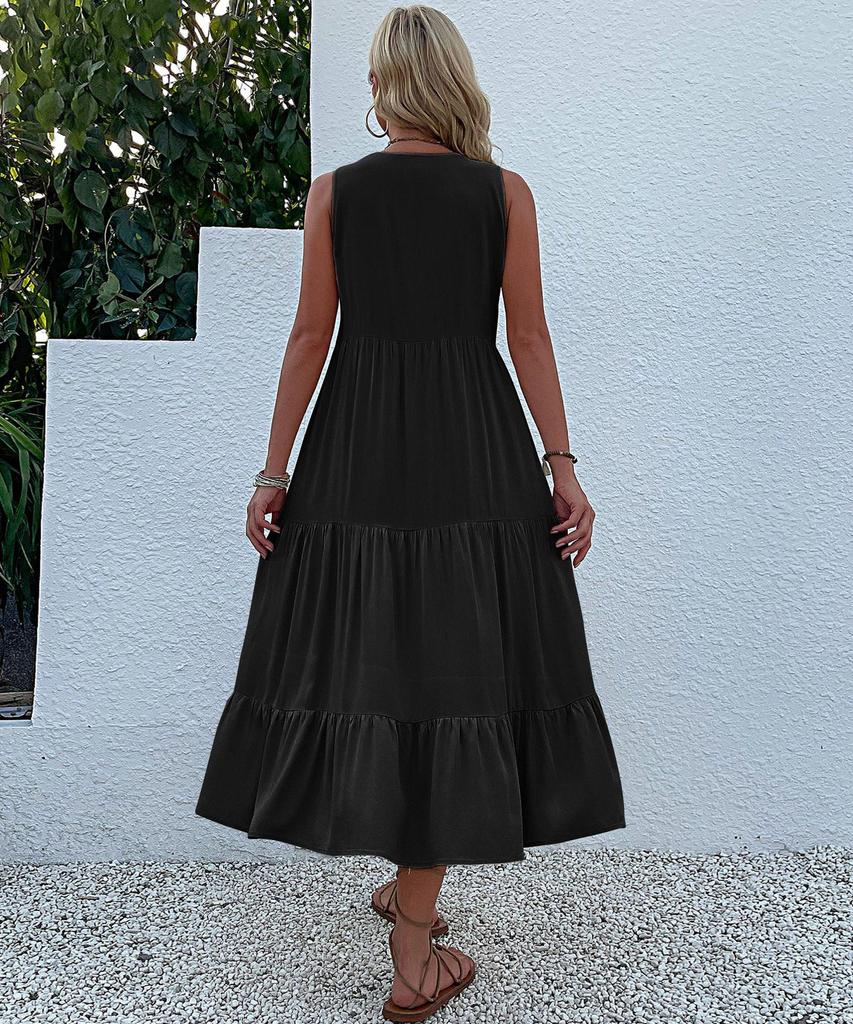 Letnia Damska Sukienka Casual Bez Rękawów Średniej Długości - Jednolity Kolor, Prosta i Elegancka