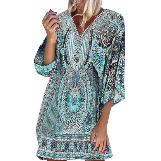 V-Ausschnitt 3/4 Ärmel Shift Design Urlaubs Kleid Ethnischer Stil Bohemia Retro Print Damen Kleid Damen Kleidung