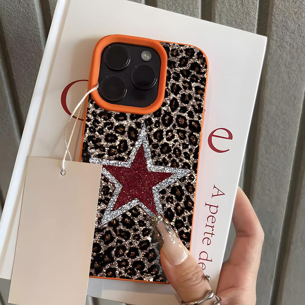 Leopard Print And Glitter Star Lychee Soft Phone Case For iPhone 17 16 15 14 13 12 11 Pro Max 15 14 Plus X Xs XR 17 Air Cover