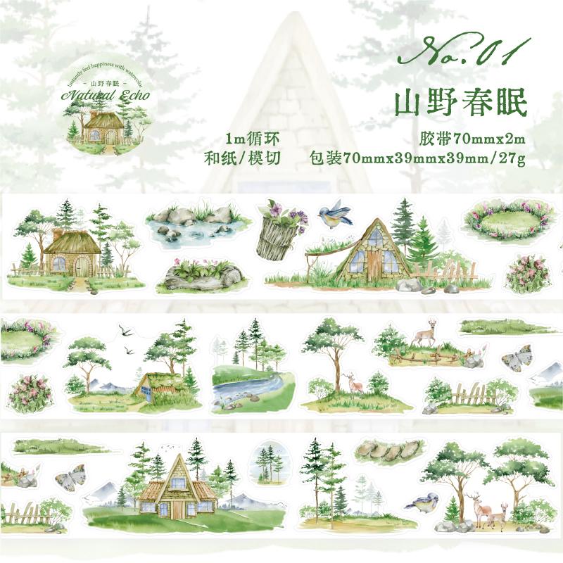 Journal GO 7x200cm Blockhütte Stanz-Washi-Tape-Sticker Ländliche Landschafts-Sticker für Journal Scrapbooking